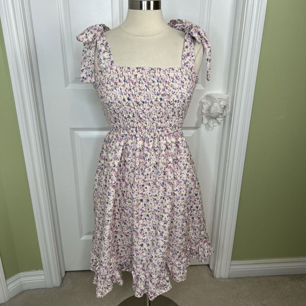 STORIA Smocked Dress L Eyelet Ditzy Floral Babydoll Adjustable Strap Cottagecore